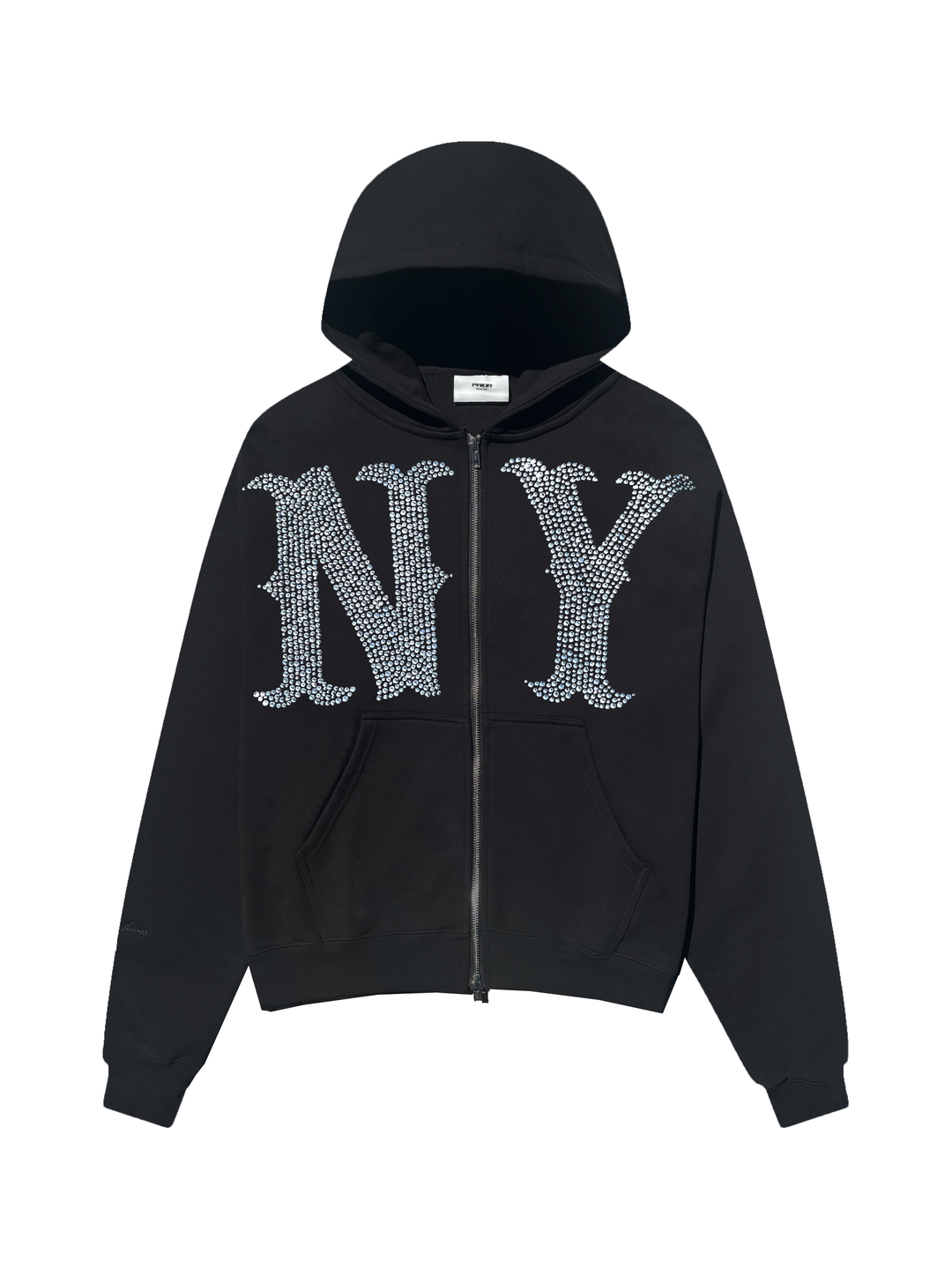 Prior NY Rhinestone Logo Oversized Cropped Zip Up Hoodie Onyx - Prior