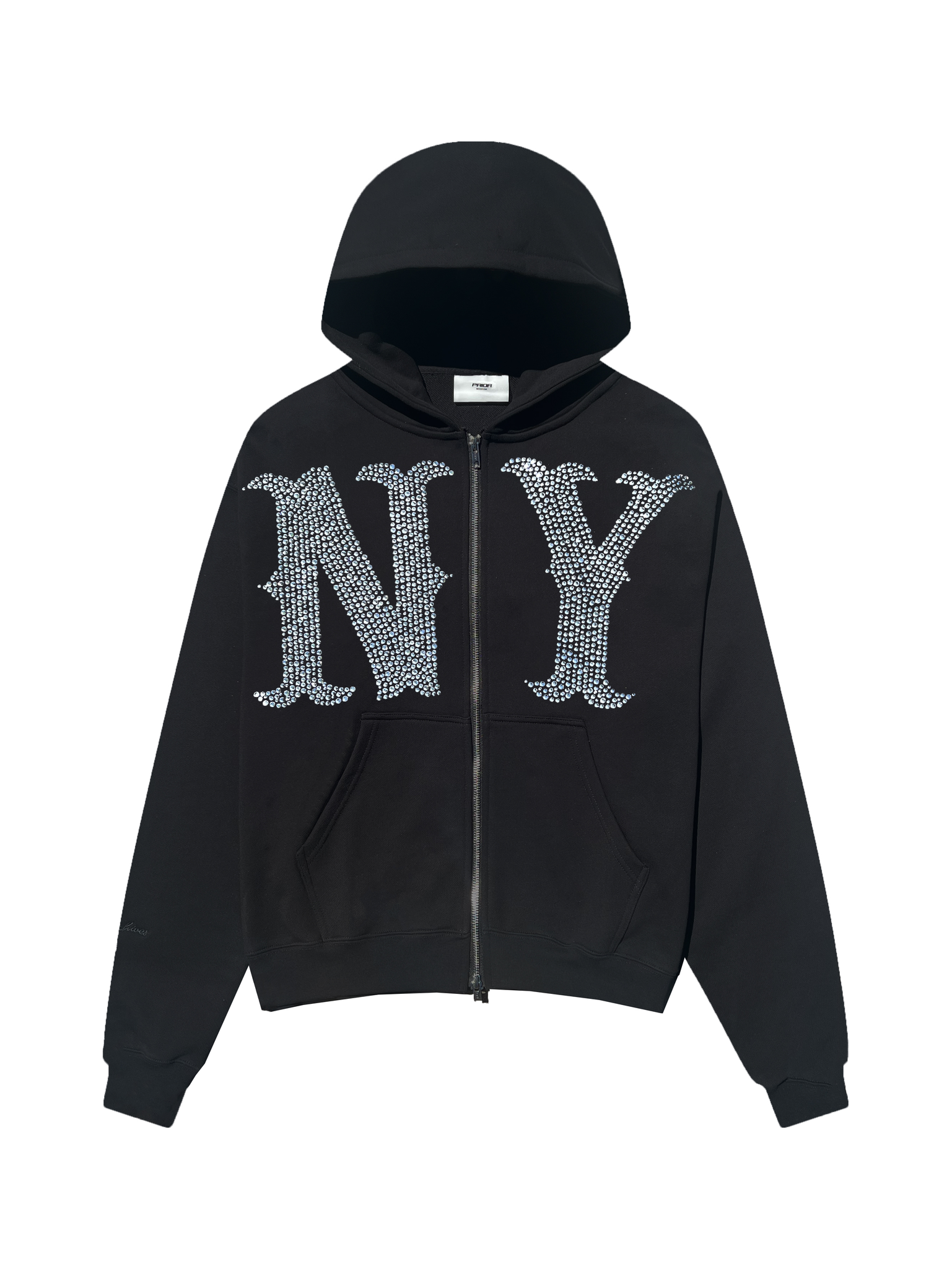 Prior NY Rhinestone Logo Oversized Cropped Zip Up Hoodie Onyx