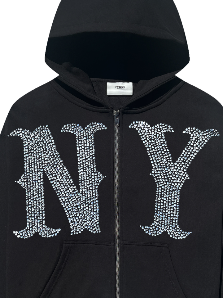 Prior NY Rhinestone Logo Oversized Cropped Zip Up Hoodie Onyx - Prior