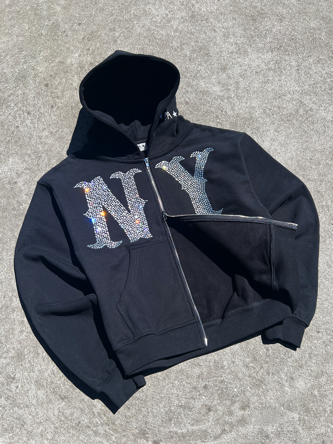 Prior NY Rhinestone Logo Oversized Cropped Zip Up Hoodie Onyx